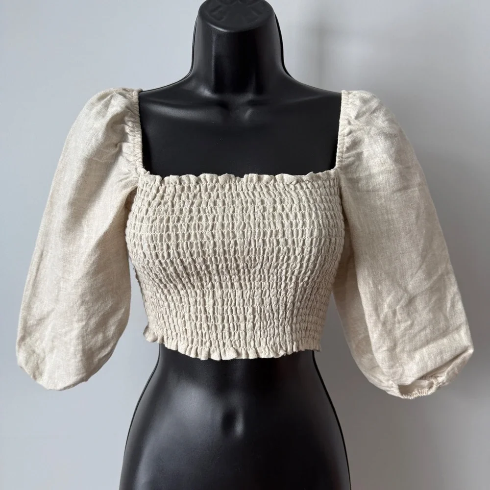 Reformation sz 2 Beige 100% Linen Smocked Puff Sleeve Crop Top Blouse Cottage